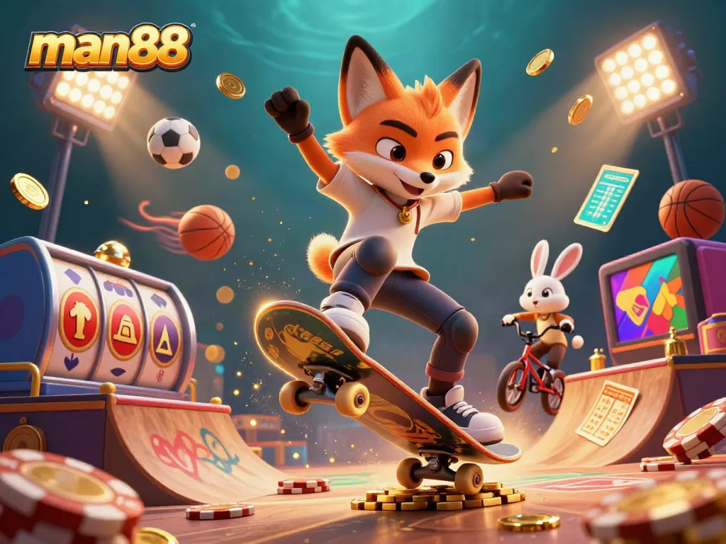 Experience thrilling action at man88 with dynamic gaming characters and vibrant casino elements.