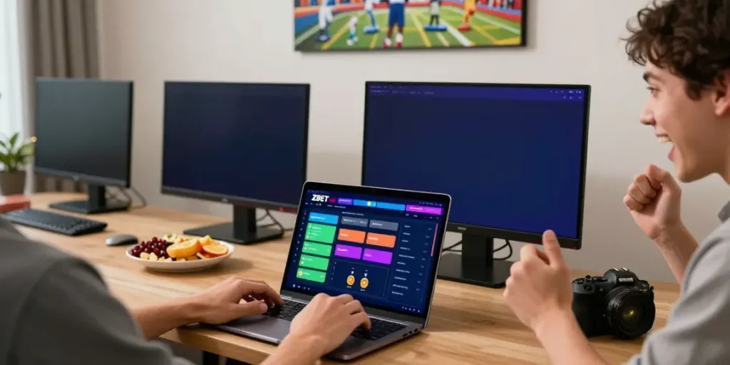 Exciting online betting scene featuring Link zbet on a laptop with sports graphics.