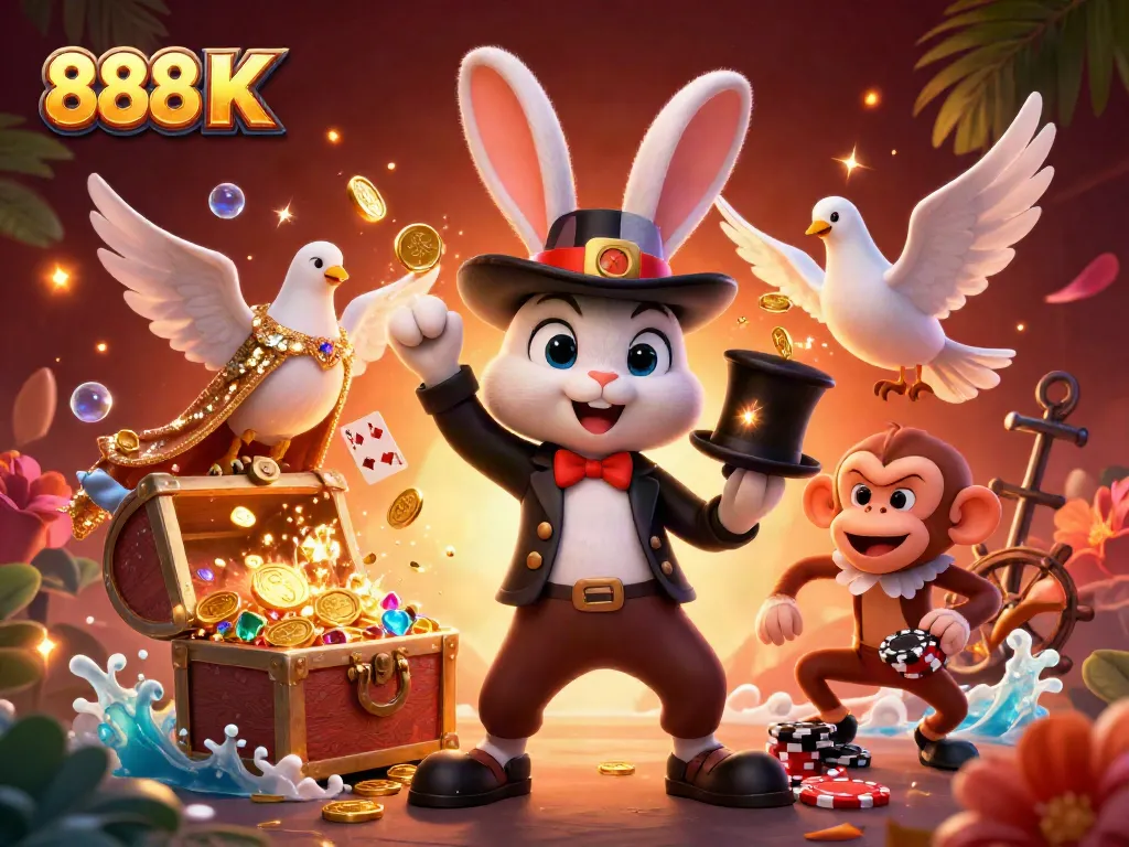 Engage in thrilling fun with 888 K, featuring cartoon characters and vibrant gambling elements.