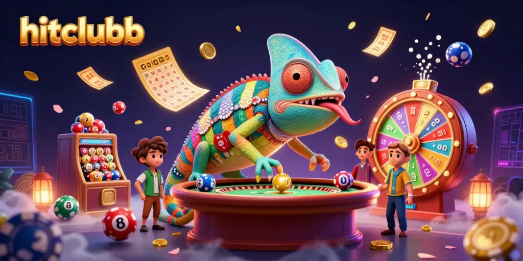 Experience the excitement of hitclubb with a dynamic chameleon casino owner amidst vibrant gaming elements.