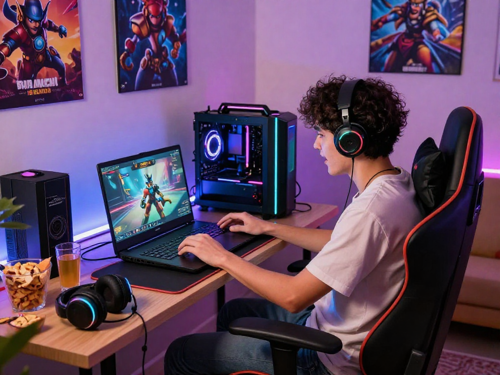 Engaging scene of a person playing online porn games in a cozy gaming setup, showcasing vibrant decor and accessories.