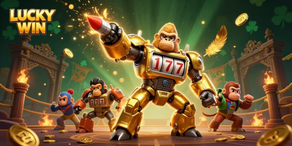 Experience winning moments at LUCKY WIN with a dynamic golden gorilla mech surrounded by casino elements.