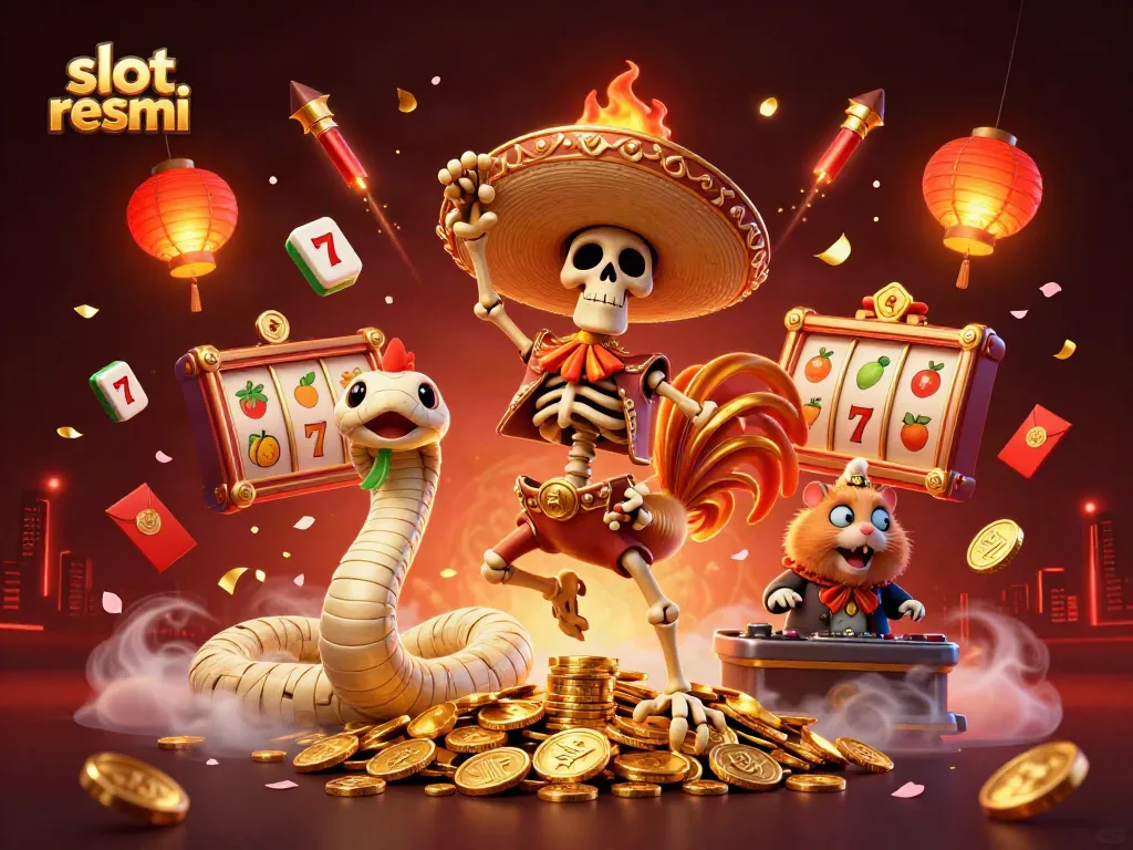 Exciting scene of slot resmi characters, including a mariachi rooster and lucky symbols surrounded by coins.