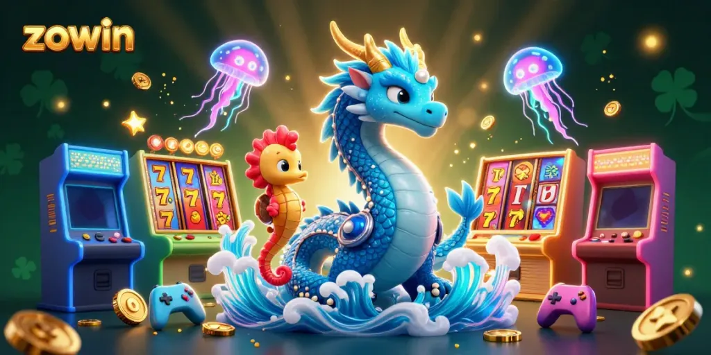 Play thrilling slots at Zowin with a 3D dragon, knight, and jellyfish in a vibrant casino scene.