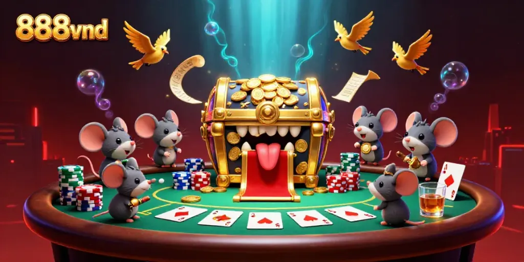 Engage with thrilling gameplay at 888vnd with a vivid casino scene featuring poker elements.
