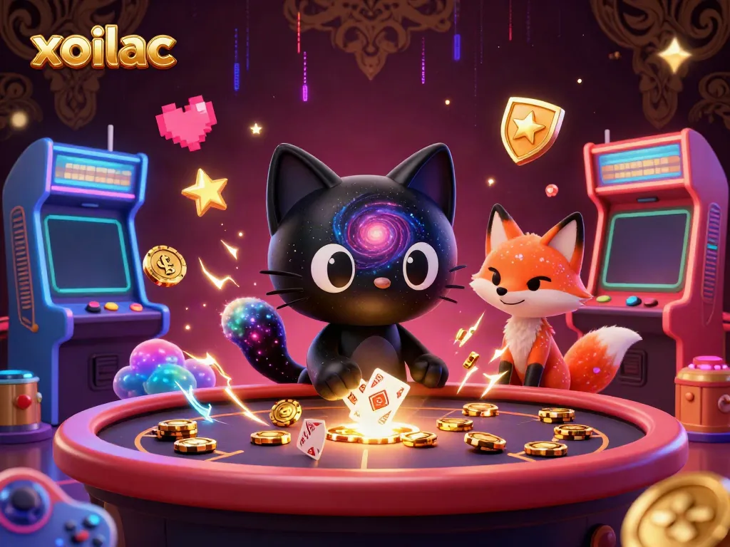 Engage in exciting gaming action with xoilac's cosmic casino featuring colorful game elements and animated characters.