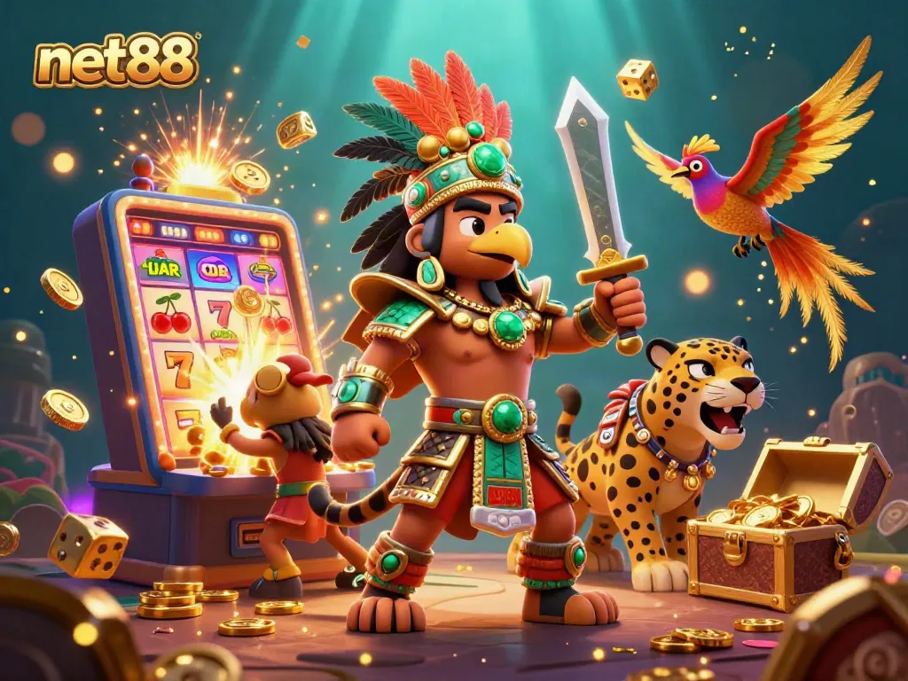Engage with net88's thrilling casino atmosphere, featuring an Aztec warrior and jackpot bursts.