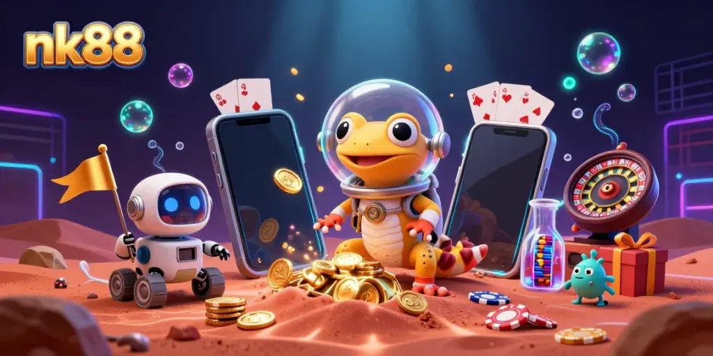 Engage in the excitement of nk88 with a Martian gecko discovering a golden casino amidst alien cheers.