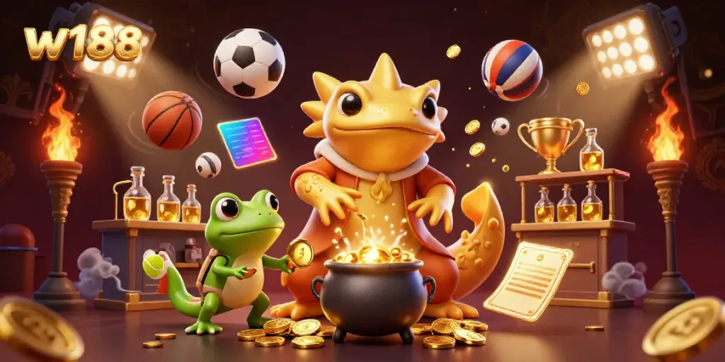Engage in thrilling gaming activities at w188 with a golden salamander alchemist transforming metals into gold.