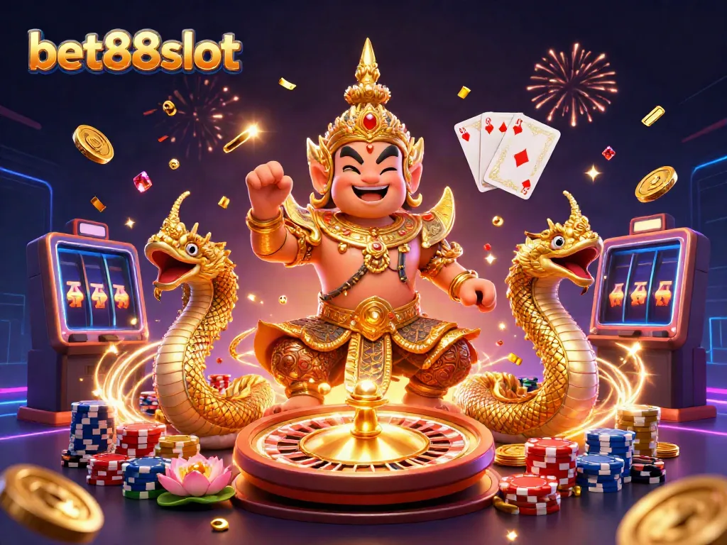 Experience excitement at bet88slot with a vibrant casino scene showcasing unique characters and game elements.