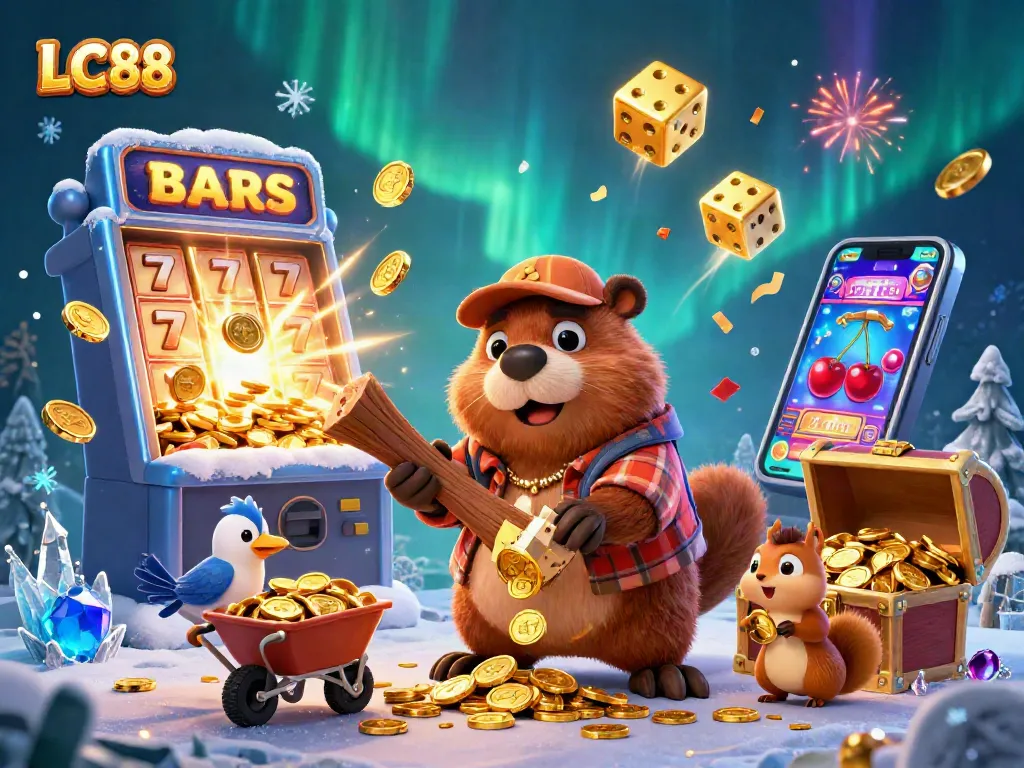 LC88 gaming adventure featuring a beaver collecting coins in a vibrant casino scene