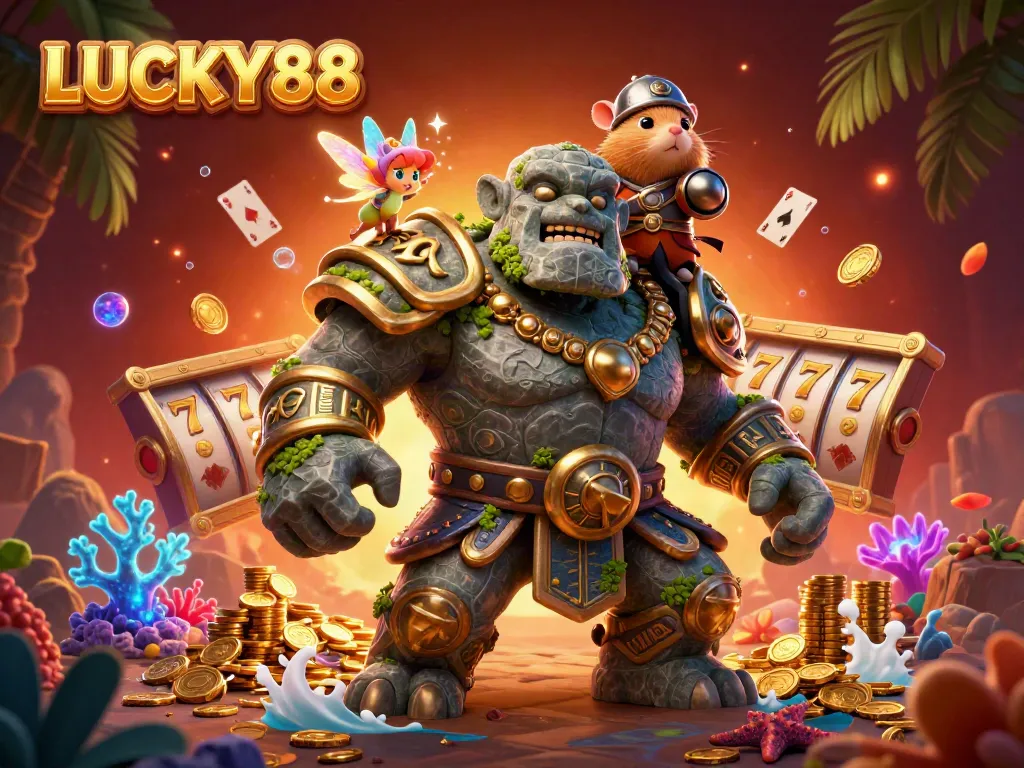 Experience jackpots at LUCKY88 with a lively golem, fairy, and hamster knight amidst slot games and treasures.