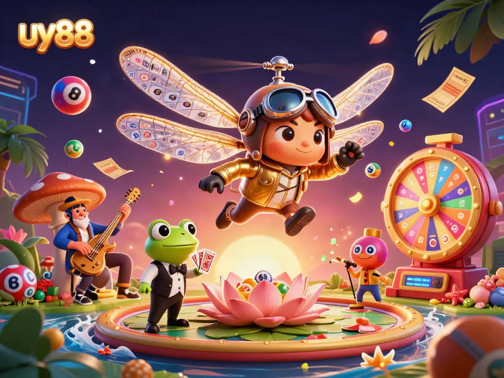 Engage with uy88's vibrant casino scene featuring a dragonfly pilot and a frog dealer.