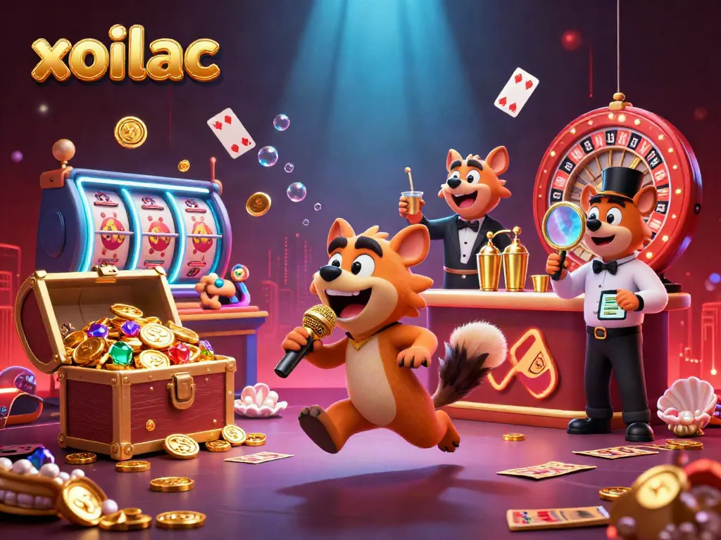 Xoilac hyena characters entertain at a vibrant comedy casino scene with games and gold.