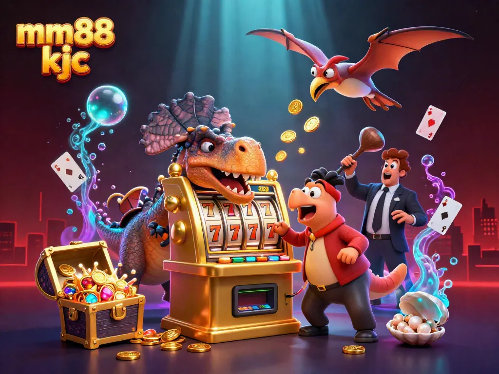 Experience the thrill of mm88 kjc with a playful dinosaur jackpot scene featuring a slot machine and golden coins.