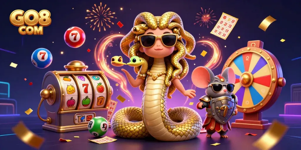 Engage with the vibrant GO8 COM online casino scene featuring Medusa and a warrior mouse in a dynamic lottery celebration.