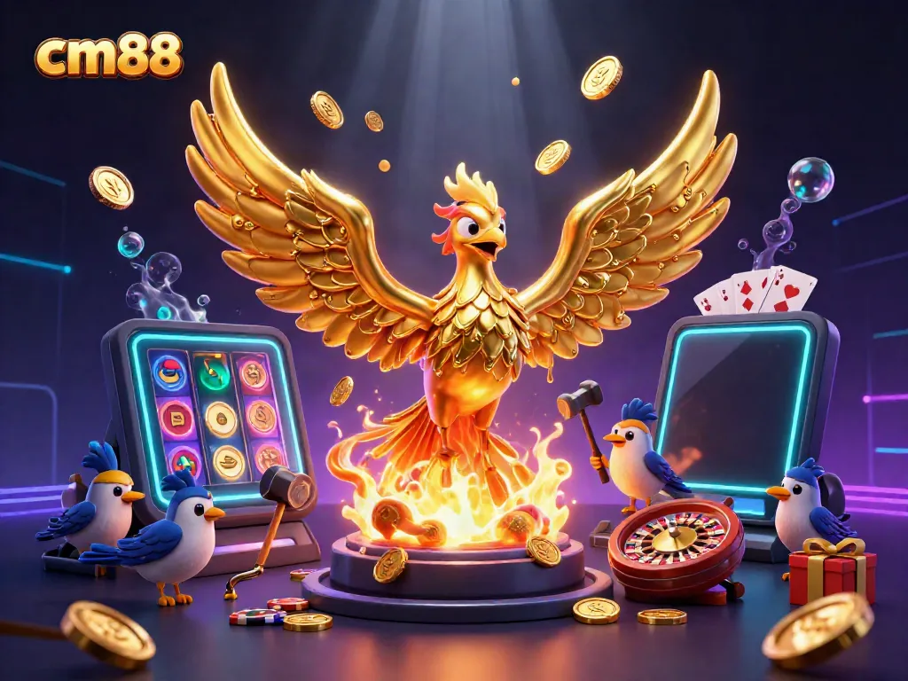 Win big with cm88's dynamic gaming adventure featuring golden phoenix and casino elements.