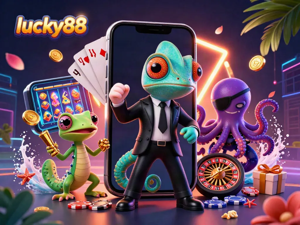 Experience lucky88 with a chameleon agent and exciting casino elements in a vibrant 3D illustration.