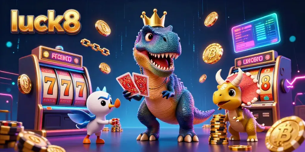 Join the action at luck8 casino with colorful slot reels and vibrant dinosaurs in a playful gambling scene.