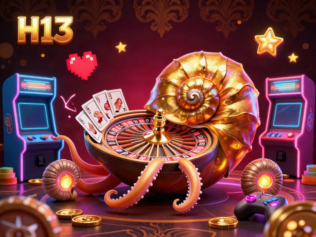 Experience thrilling gaming with H13 in a vibrant casino scene featuring a giant nautilus roulette wheel.