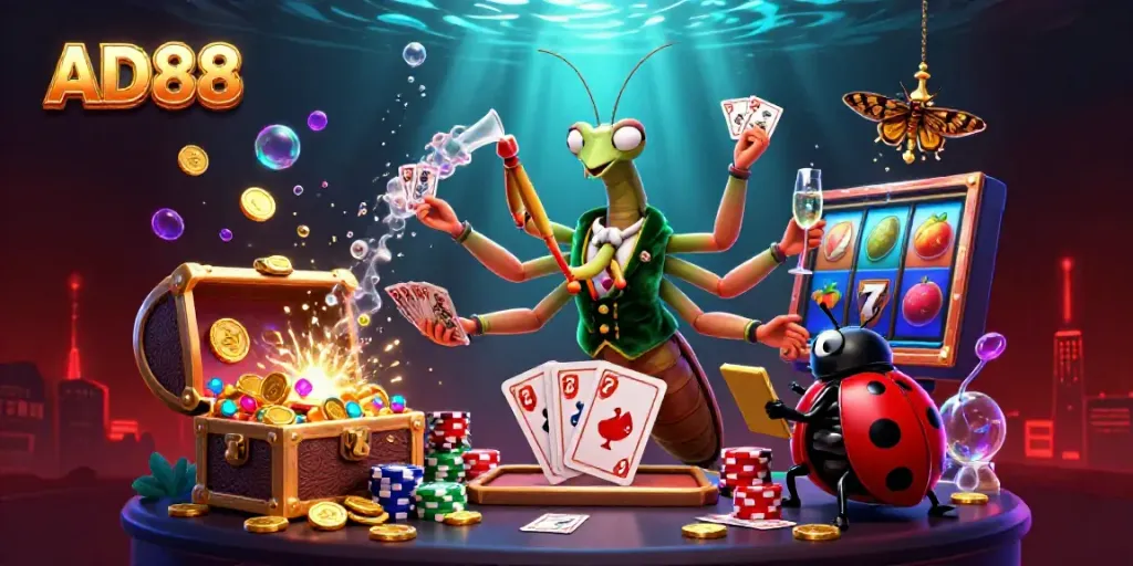 Experience the excitement of AD88 with a vibrant 3D illustration showcasing immersive slot games and action.