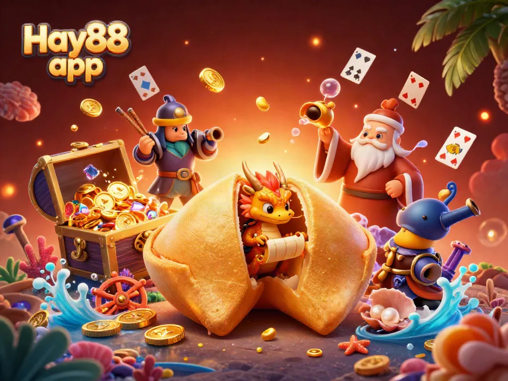 Experience the excitement of the Hay88 app with a vibrant 3D scene featuring a golden fortune cookie and mystical elements.