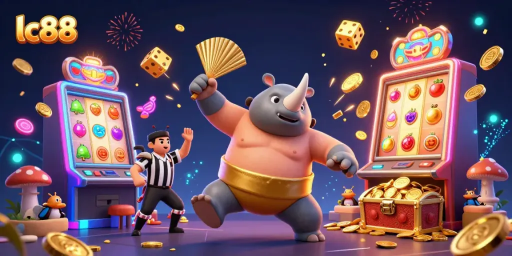 Experience thrilling gameplay at lc88 with a sumo beetle champion and interactive casino elements in a dynamic illustration.