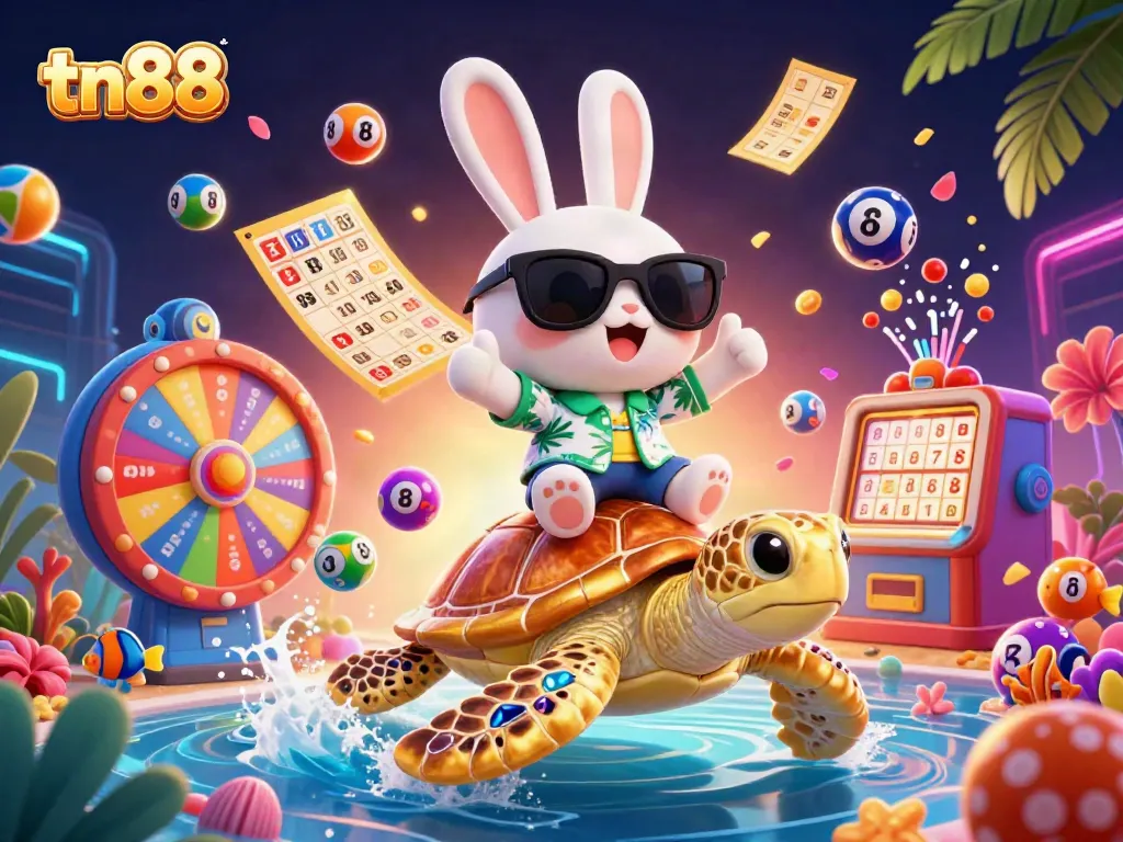 Engaging tn88 gaming scene with lucky rabbit, sea turtle, and vibrant lottery elements for casino excitement.