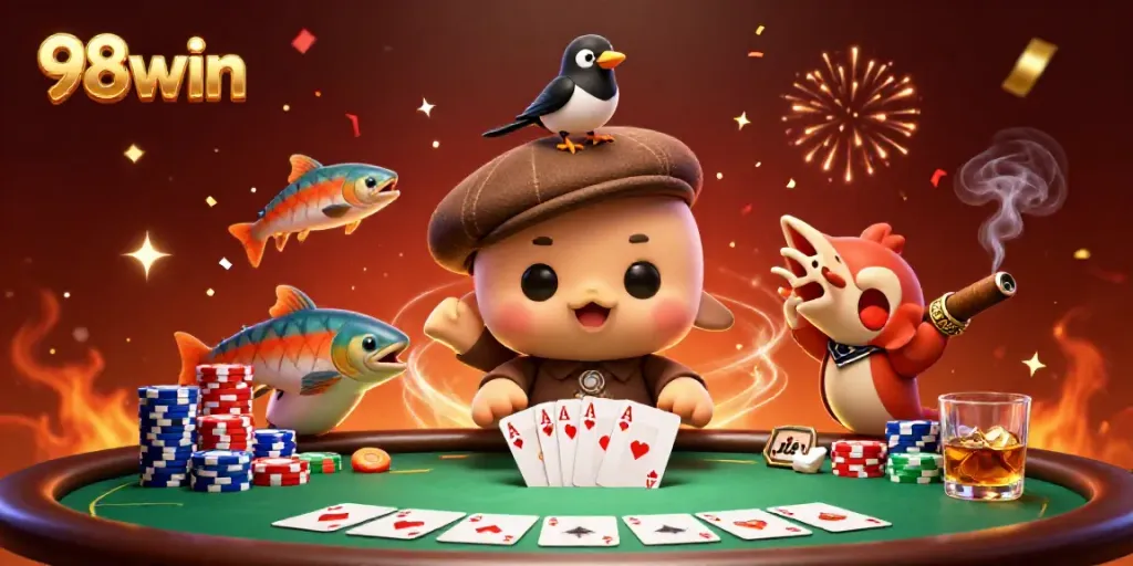 Experience thrilling gameplay at 98win with poker chips and a festive atmosphere in a vibrant casino scene.