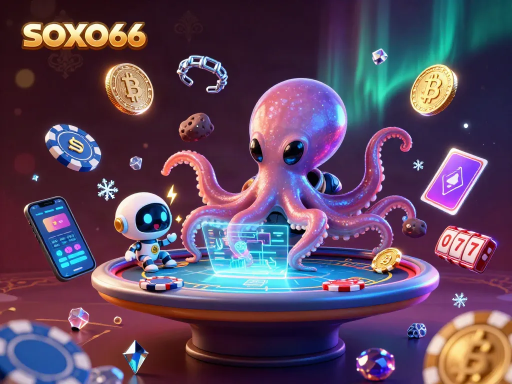 SoxO66 casino action featuring alien octopus at a holographic poker table surrounded by rare cosmic coins.