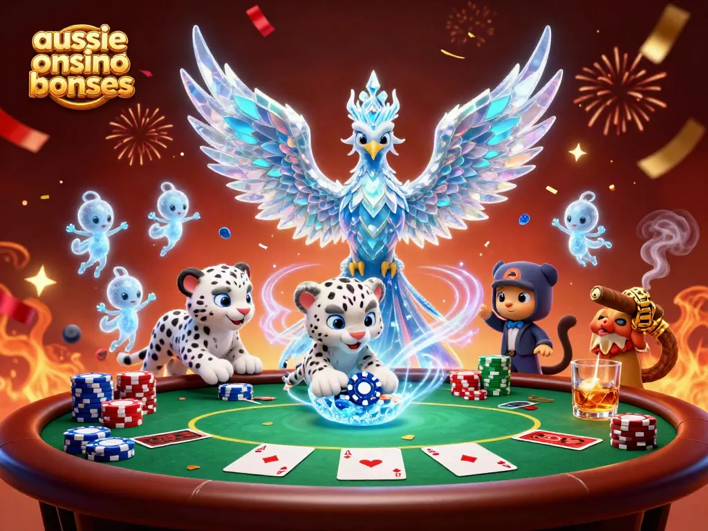 Engage with aussie online casino bonuses through a vibrant 3D illustration depicting an ice phoenix, poker elements, and festive atmosphere.