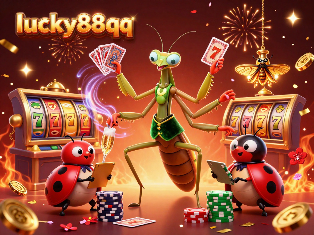 Experience gaming excitement at lucky88qq with dynamic casino characters and festive elements in a vibrant illustration.