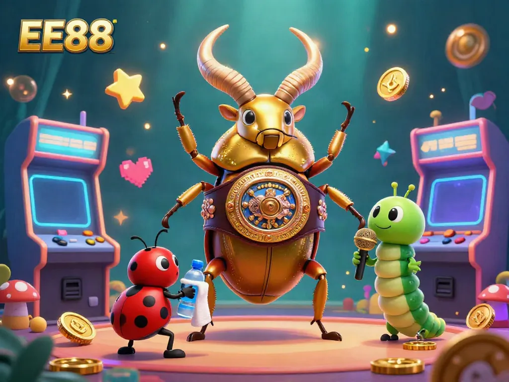 Engage with the dynamic world of EE88 through this vibrant 3D illustrated casino scene filled with golden wins and gaming excitement.