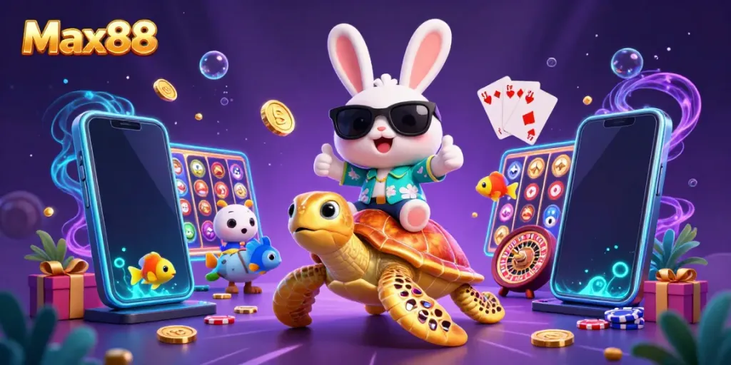 Experience thrilling games at Max88 with a lucky rabbit and golden sea turtle in this vibrant 3D scene.