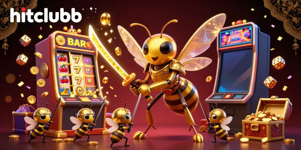 Experience the excitement of hitclubb with a vibrant casino scene featuring bee warriors and jackpot rewards.