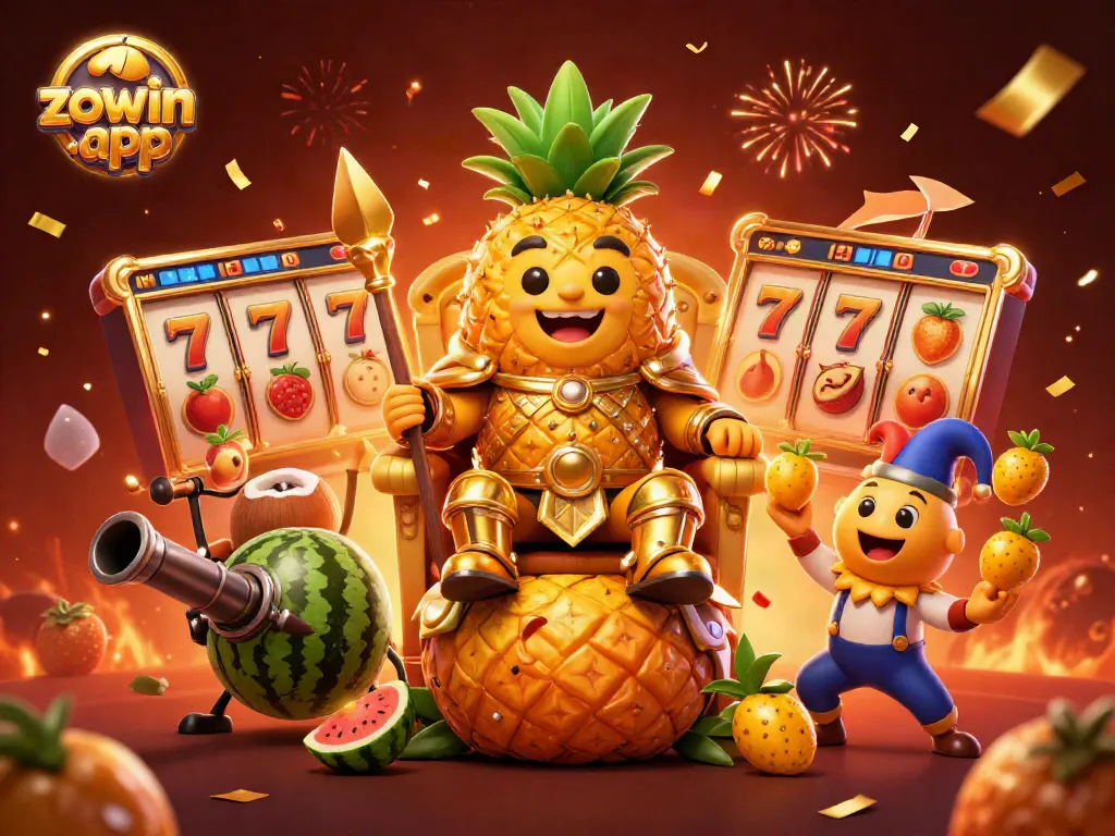 Experience thrilling gameplay with the zowin-app, featuring dynamic slot reels and engaging casino characters.