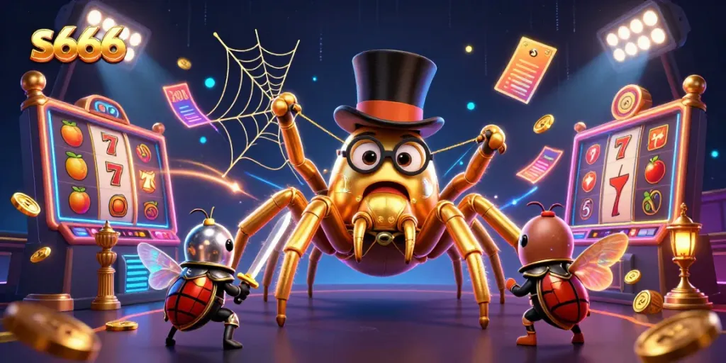 S666 thrilling casino illustration featuring a giant golden tarantula weaving a web of luck among slot machines.