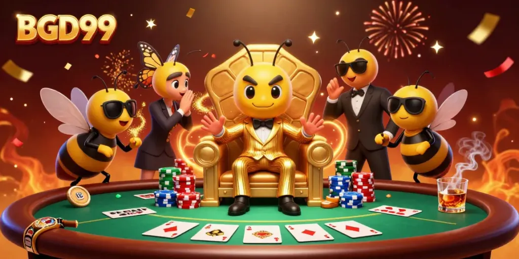 BGD99 buzzes around a cartoon casino scene with a bumblebee mob boss and poker elements.