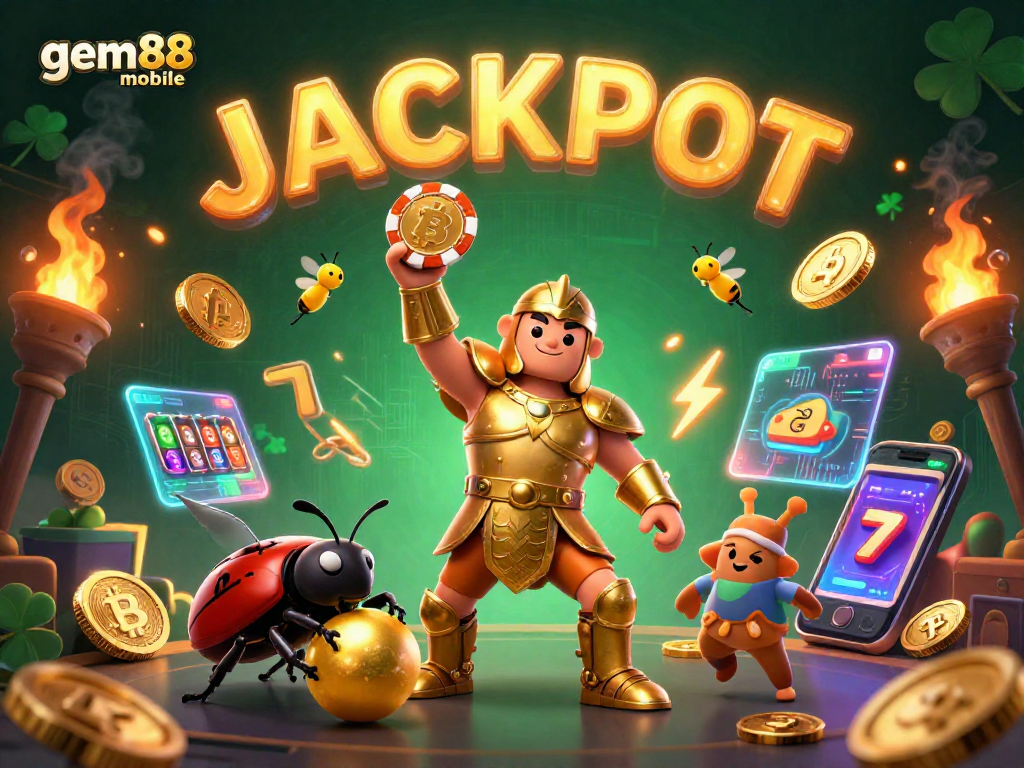 Experience big wins with gem88-mobile as fireflies spell JACKPOT in a vibrant 3D casino scene.