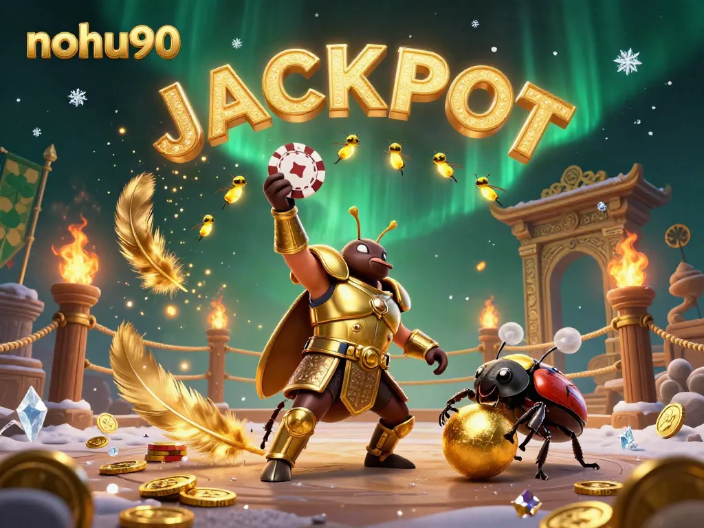 Nohu90 showcases a winning beetle with poker chips in a vivid casino scene filled with gold coins.