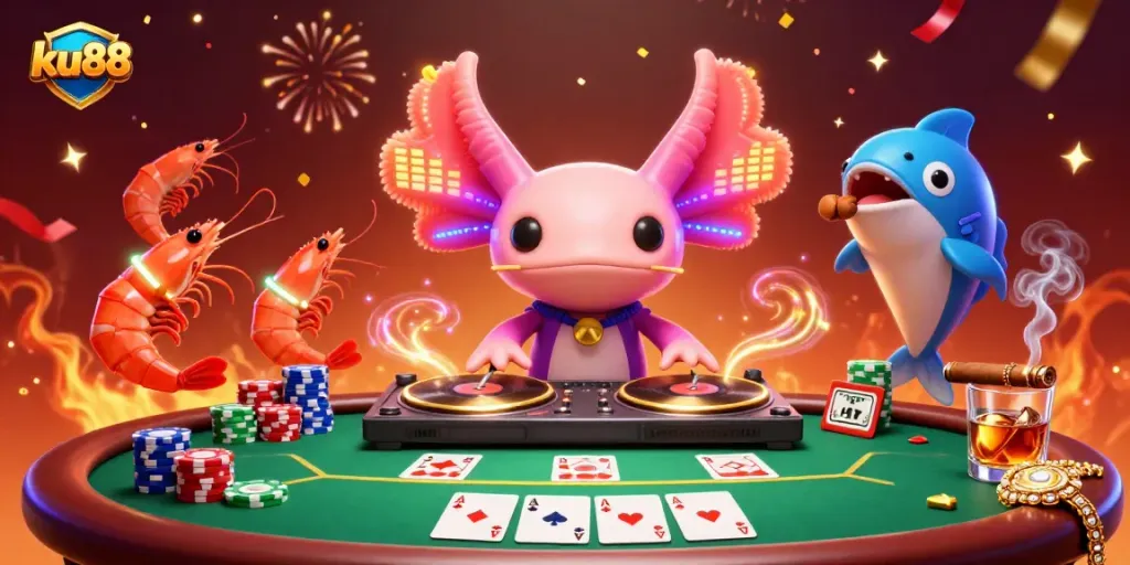 Engage with ku88’s vibrant casino scene featuring a neon axolotl DJ and lively shrimp surrounded by poker elements.