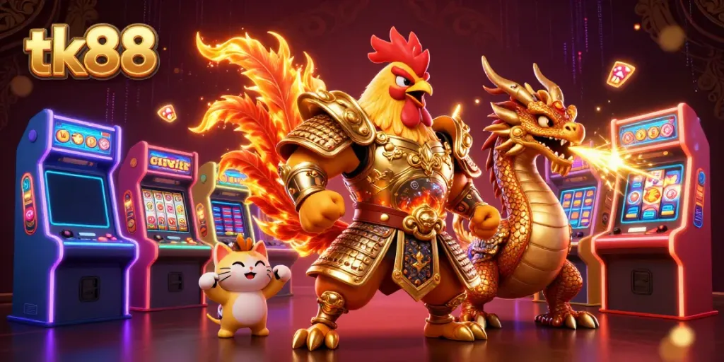 Experience thrilling jackpot moments with tk88 in this vibrant casino illustration featuring iconic gaming elements.
