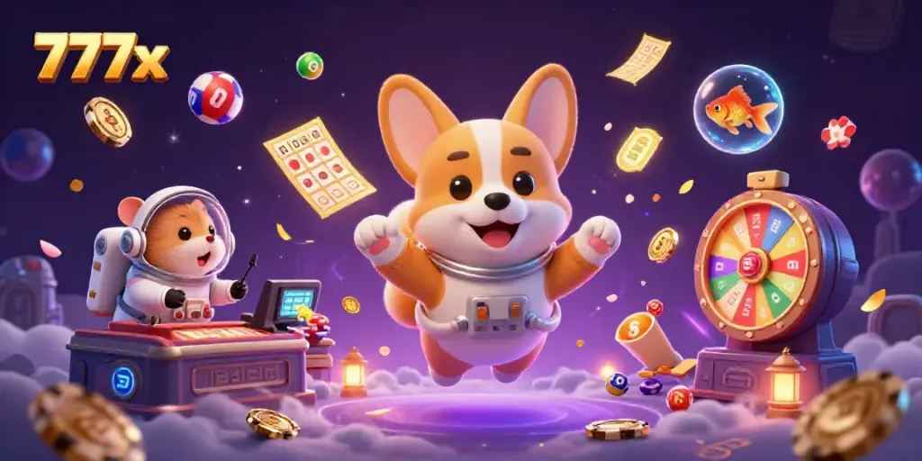 Experience the fun at 777x casino with a cheerful corgi floating among dynamic gaming elements in space.