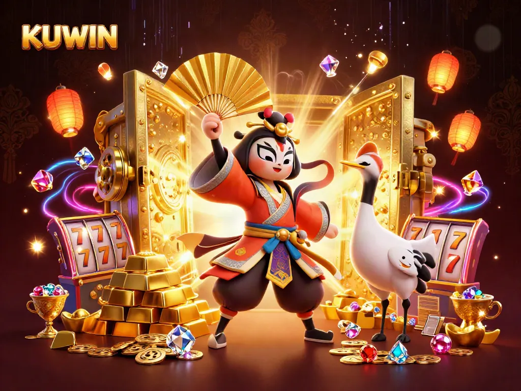 Kuwin delivers thrills with 3D kabuki warrior and casino riches, including slot reels and gold treasures.