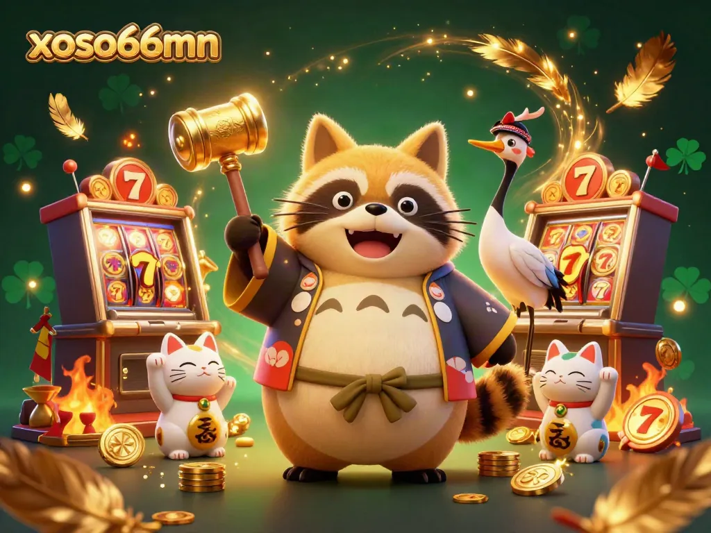 Engage in casino fun with xoso66mn featuring a festive tanuki and vibrant game elements.