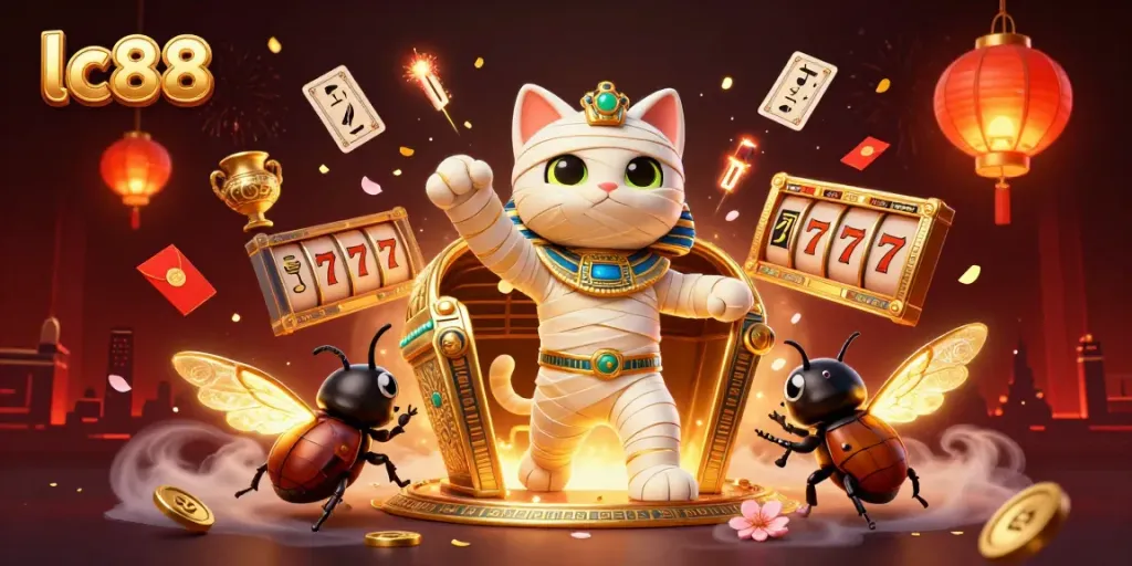 Experience the dynamic lc88 casino scene with a mummy cat, jackpot symbols, and glowing ornaments.