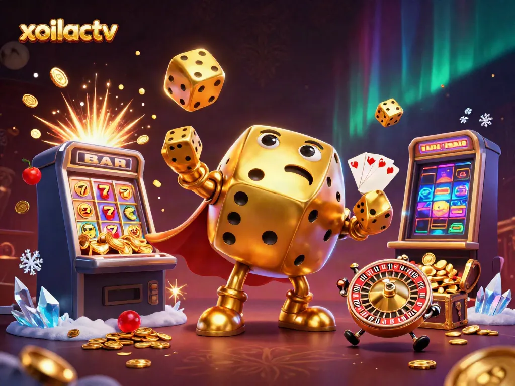 Xoilactv showcases a vibrant 3D casino world with golden dice, slot machines, and festive elements.