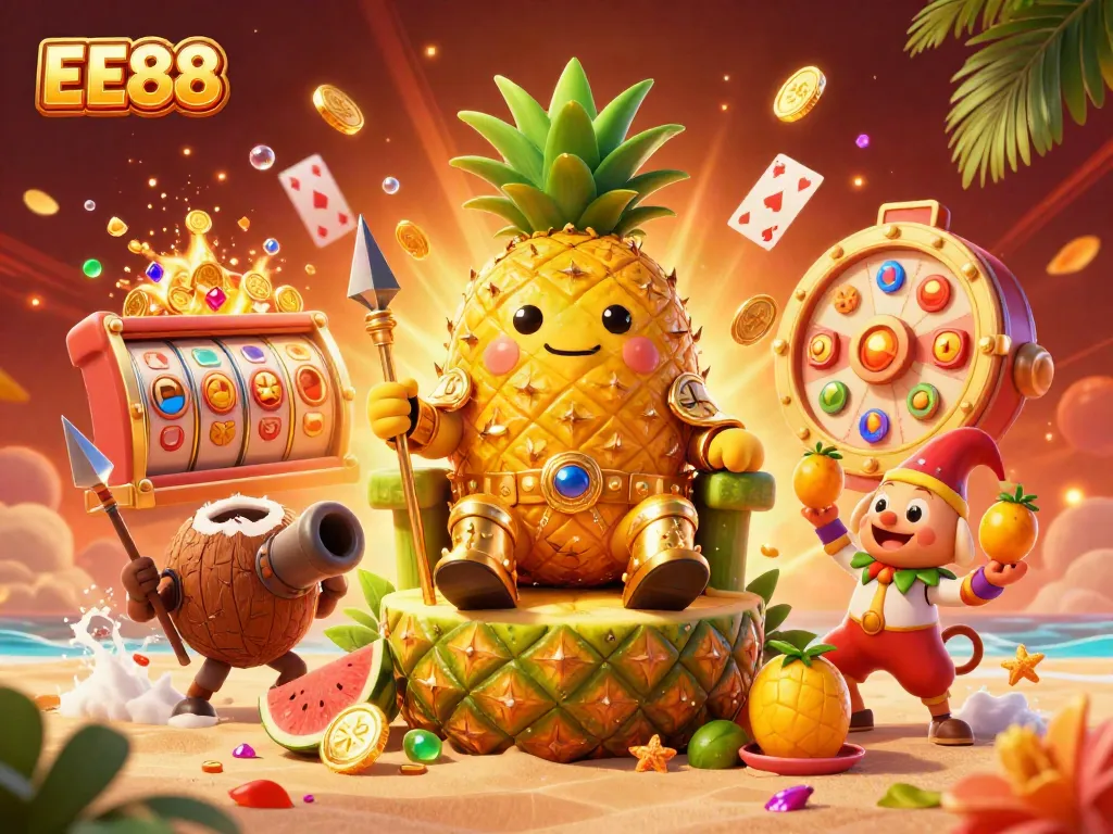 Experience thrilling wins at EE88 with vibrant characters and exciting casino elements in a digital beach setting.
