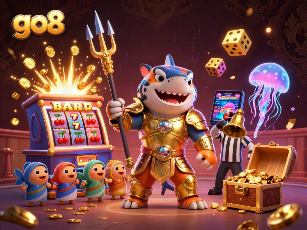Join the action with go8 as a fierce cartoon tiger shark triumphs in a vibrant casino scene.