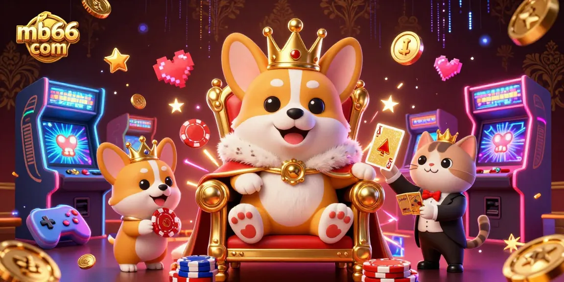 Engage with mb66 com's dynamic gaming scene featuring a royal corgi and vibrant arcade elements.
